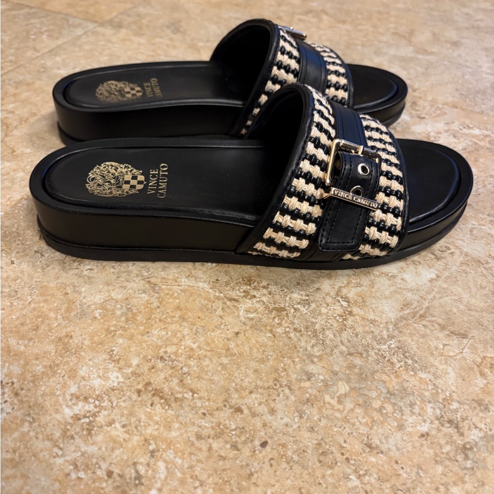 Vince Camuto Black and Cream Woven Slide Sandals - Picture 3 of 4
